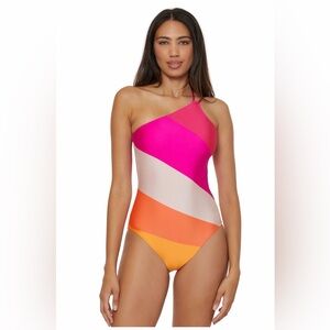 NWT Trina Turk Women’s One-Shoulder Sunrise Colorblock Swimsuit in Pink/Orange